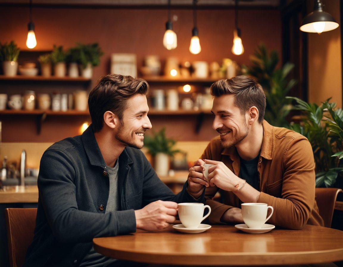 A heartwarming scene of two men sharing a deep conversation in a cozy coffee shop, surrounded by soft, warm lighting and plants. They are leaning in closer, showcasing genuine emotions and connection, with steaming cups of coffee in hand. The background features a diverse group of other couples enjoying their time, symbolizing love in various forms. Add a subtle touch of warmth and intimacy in the colors. super-realistic. warm tones. soft focus.