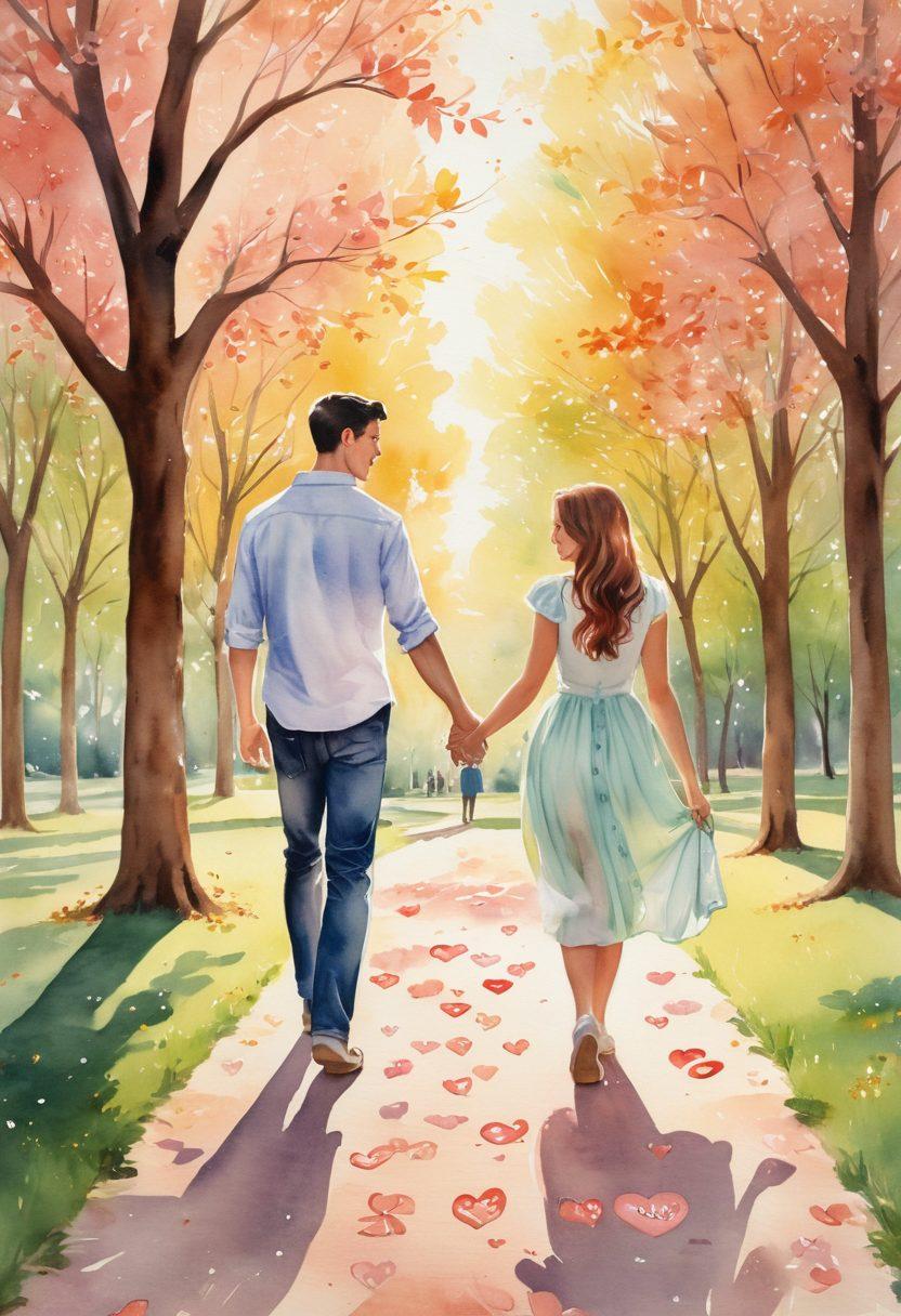 A warm and inviting scene depicting a couple walking hand-in-hand through a blooming park, surrounded by various heart-shaped symbols representing different stages of relationships, from courtship to companionship. Soft sunlight filters through the trees, casting a romantic glow on the couple's faces. Include elements like a picnic setup, framed photographs of special moments, and a gentle breeze rustling leaves to evoke a sense of love and connection. watercolor painting. soft pastel colors.