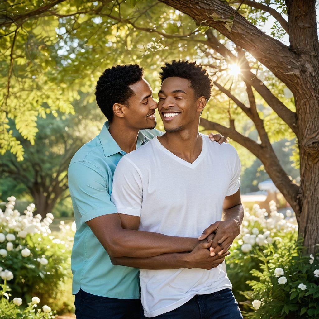 A warm, inviting scene of two men sharing a heartfelt embrace, surrounded by soft, natural elements like blooming flowers and radiant sunlight filtering through trees. The expressions of joy and deep connection should be evident on their faces, conveying love and friendship. Incorporate gentle colors to evoke tenderness and affection, with a scenic backdrop that enhances the theme of masculinity in emotional bonds. super-realistic. soft focus. vibrant colors.